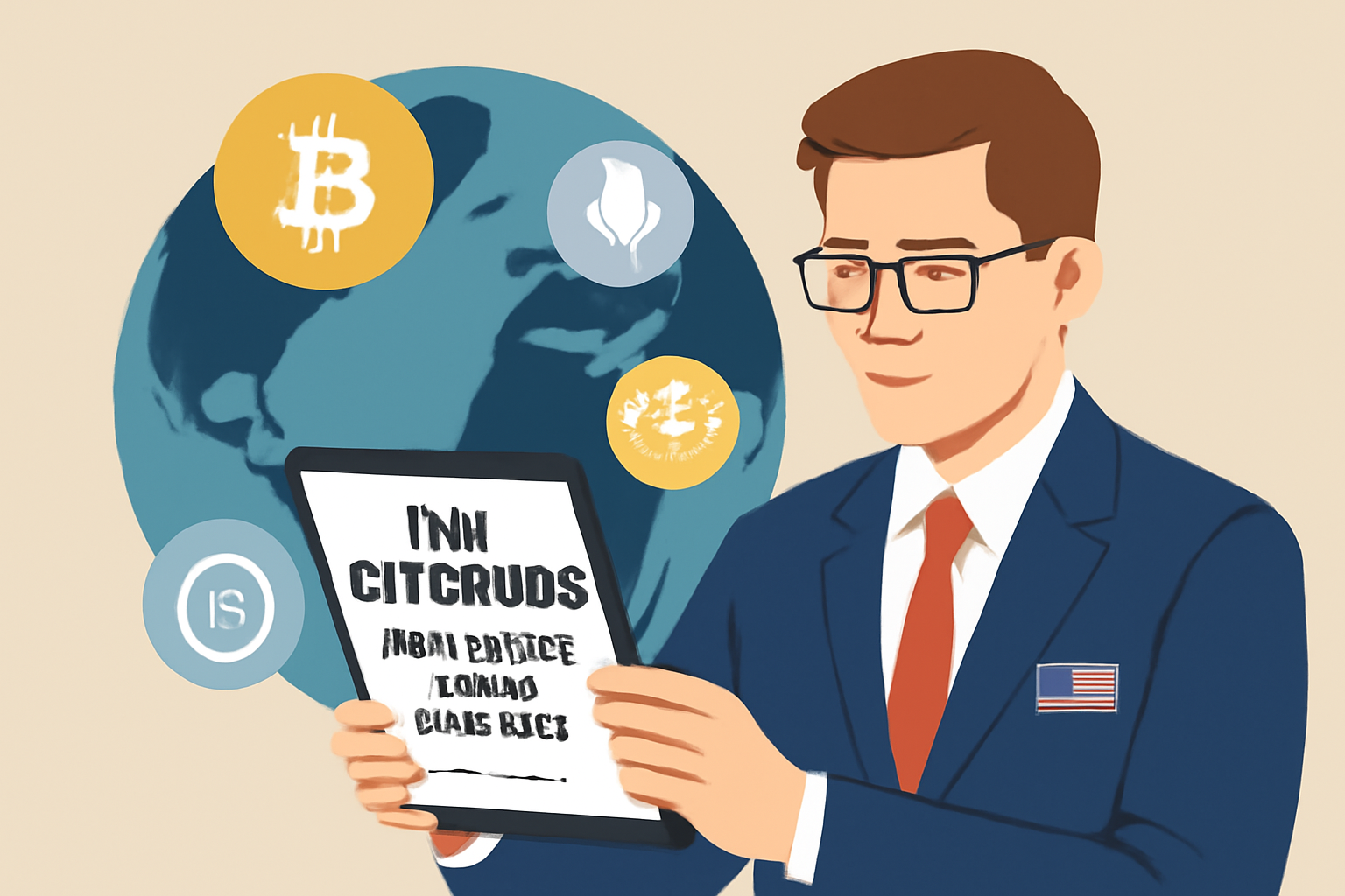 A U.S. trader reading a digital announcement about new CFTC rules for offshore crypto exchanges, with a globe and crypto icons in the background.