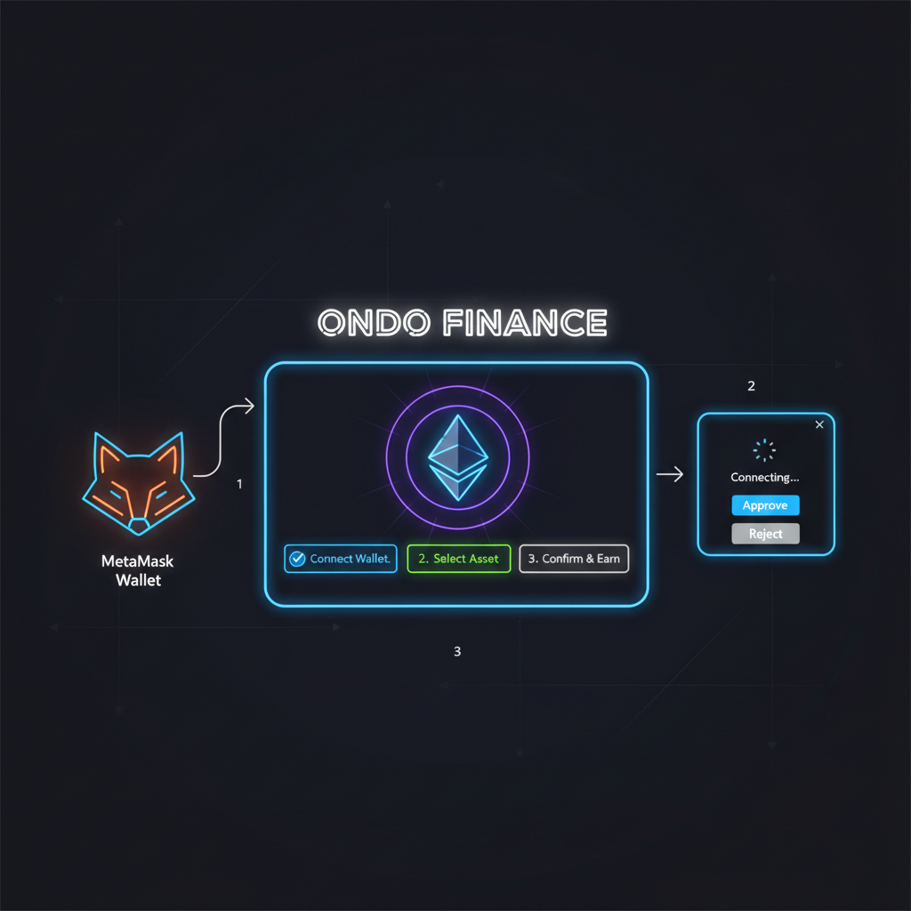 futuristic web3 dashboard with MetaMask wallet connecting to Ondo Finance platform, glowing Ethereum logo, sleek neon UI