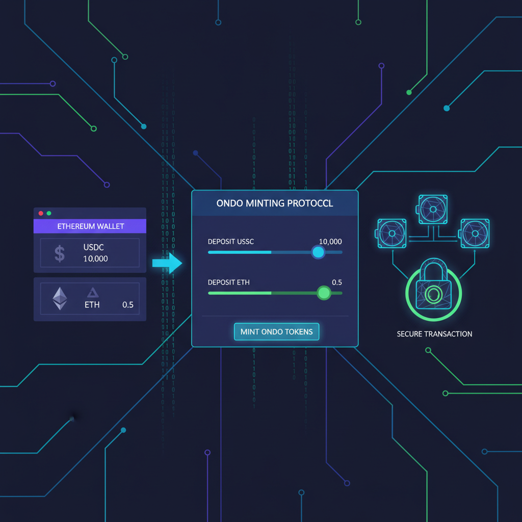 Ethereum wallet depositing USDC ETH into Ondo minting form, transaction sliders, secure vault icons, cyberpunk style