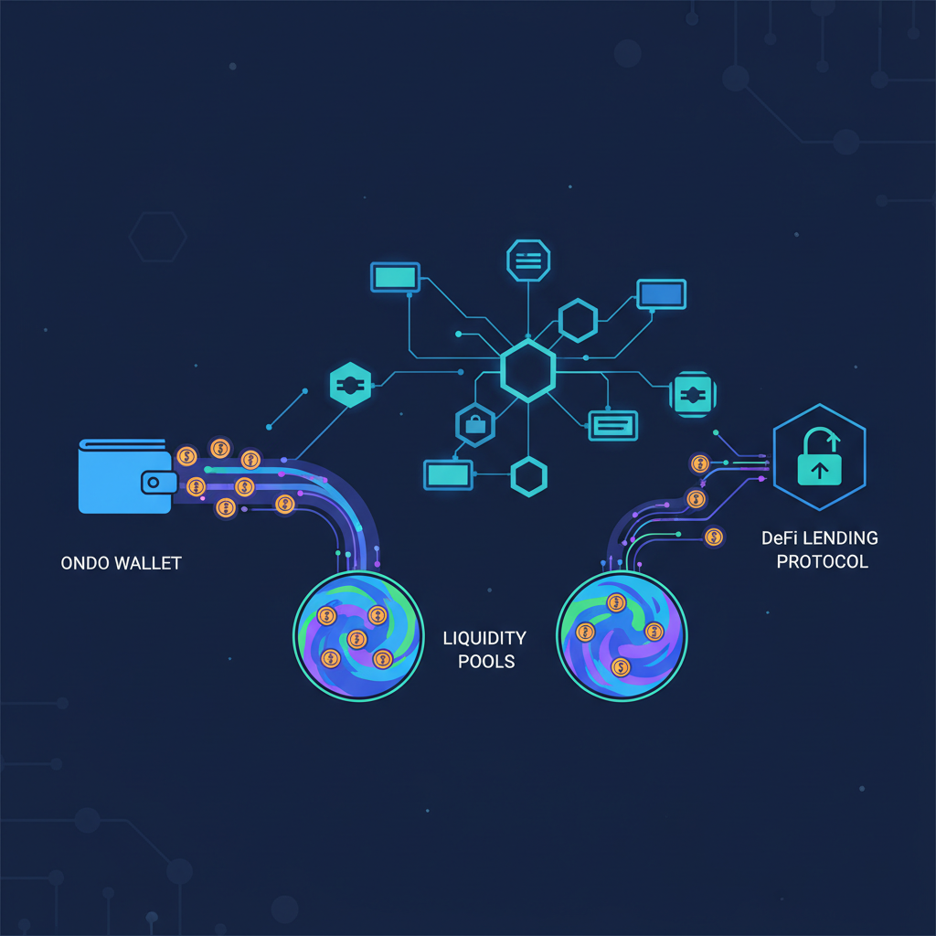 tokens transferring from Ondo wallet to DeFi lending protocol, liquidity pools flowing, interconnected blockchain nodes, vibrant digital flow
