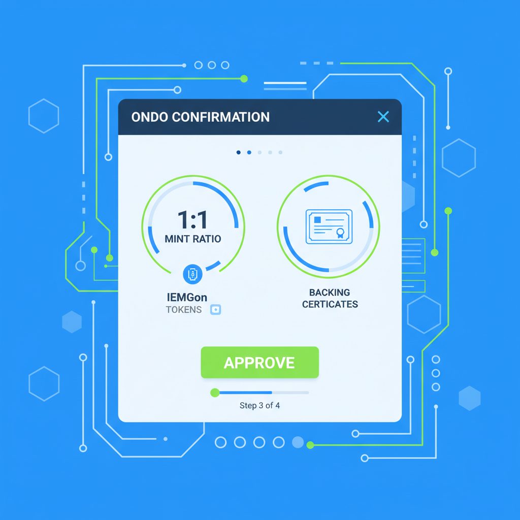 Ondo confirmation screen showing 1:1 mint ratio IEMGon tokens, backing certificates, green approve button, high-tech verification UI
