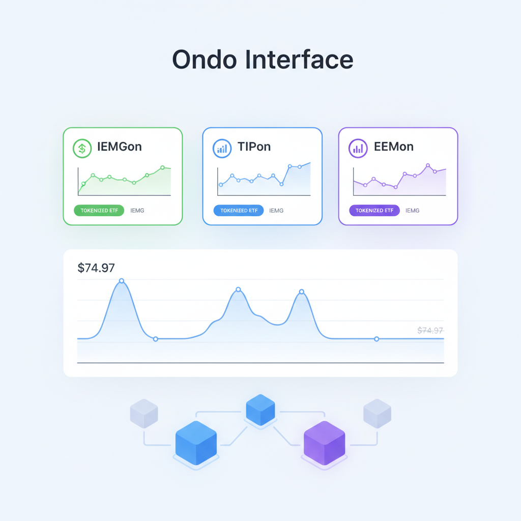 clean Ondo interface displaying IEMGon TIPon EEMon tokenized ETF cards, price charts with $74.97 IEMG data, blockchain assets glowing