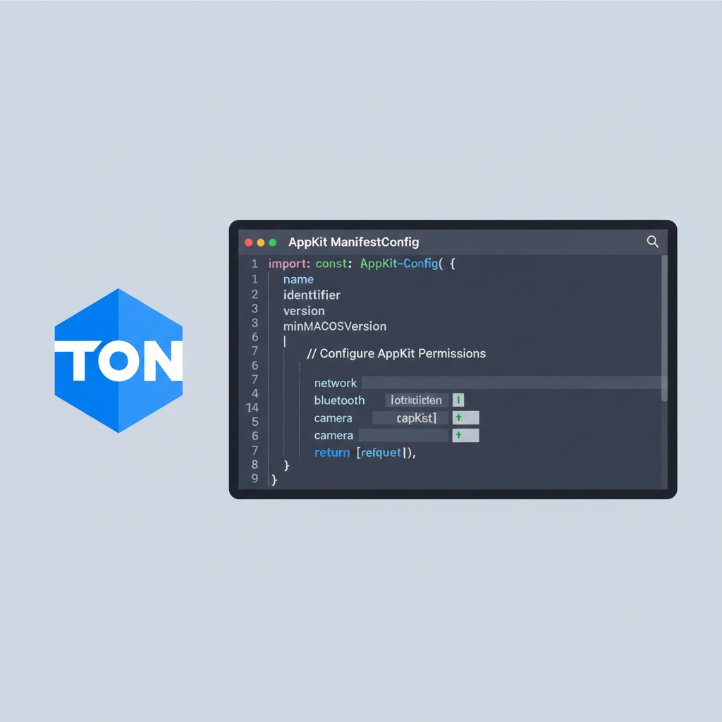 code editor showing AppKit manifest configuration in React component, syntax highlighted, TON logo nearby