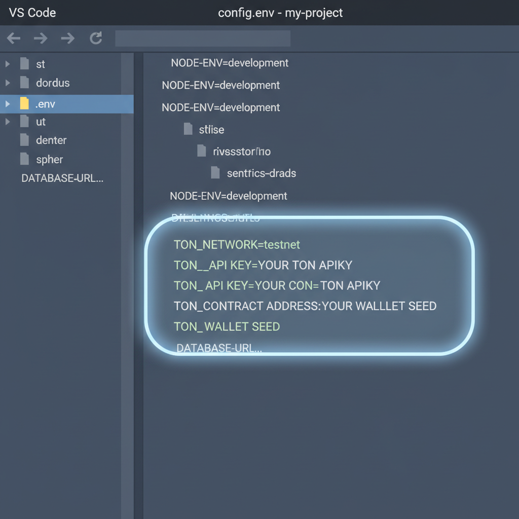 VS Code editor with .env file open, TON config variables highlighted