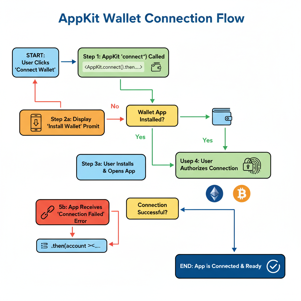JavaScript code handling AppKit connect event, flowchart of wallet connection flow, blockchain icons