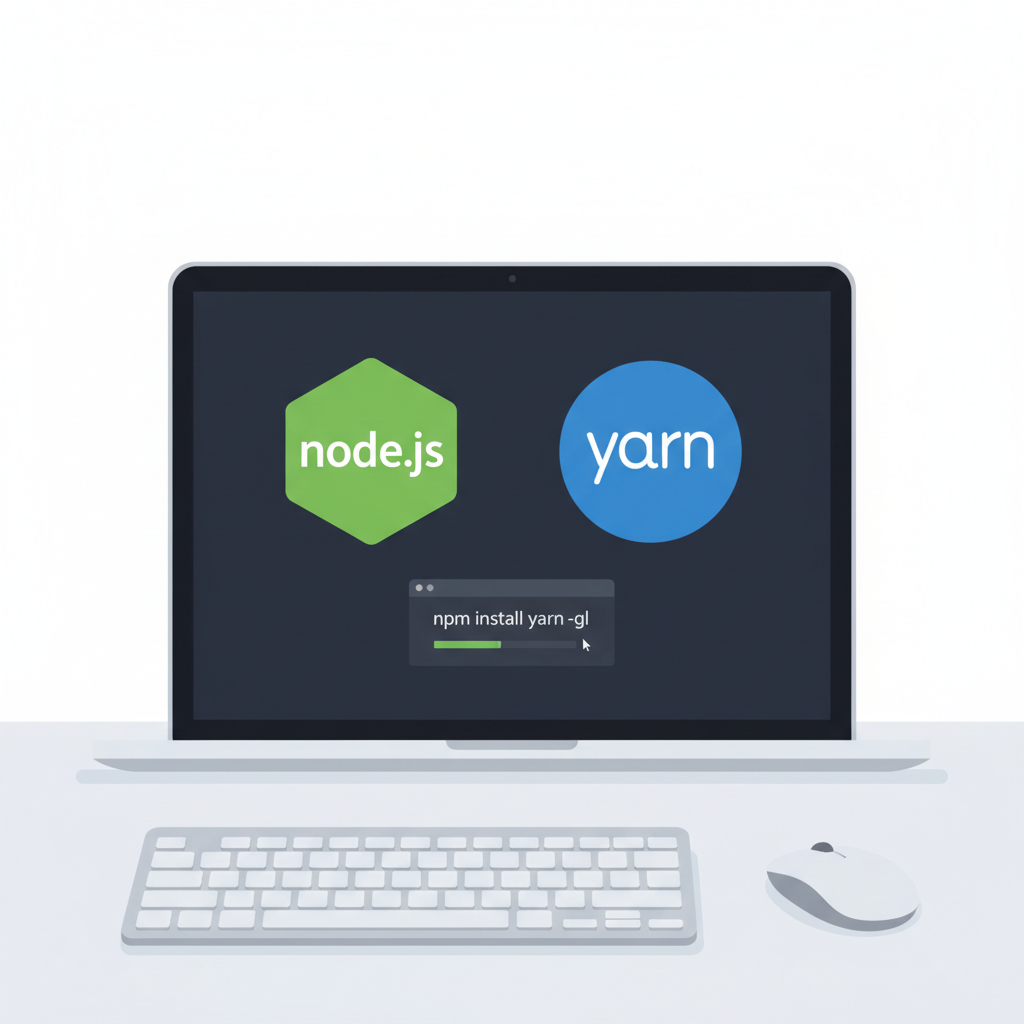 Node.js and Yarn logos on developer laptop screen, clean tech style