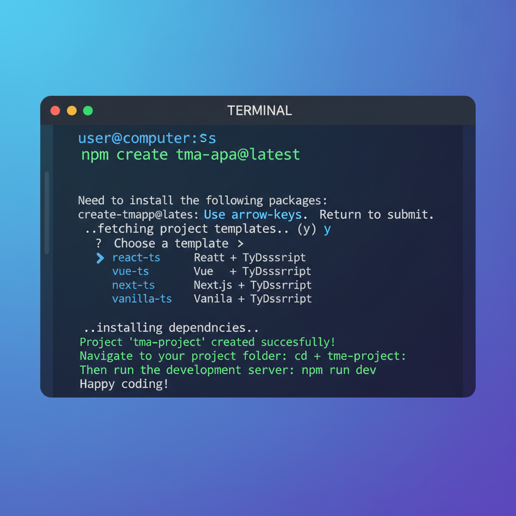 terminal window running npm create tma command, modern dark theme, code output showing project creation success