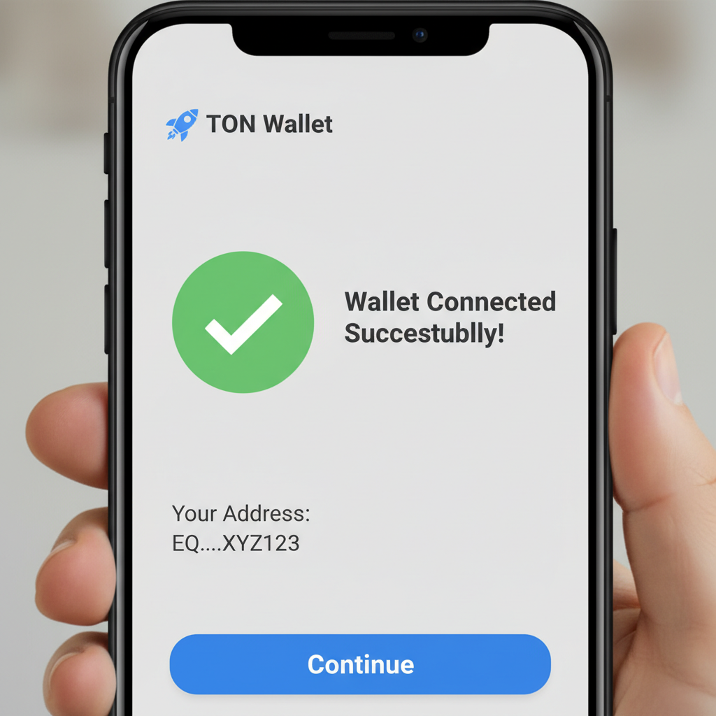 Telegram Mini App open on phone screen showing successful TON wallet connection, green checkmark, address displayed