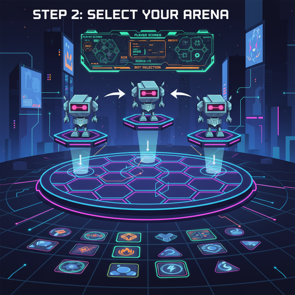 cyberpunk gaming arena with AI bots selecting platforms, neon lights, futuristic HUD