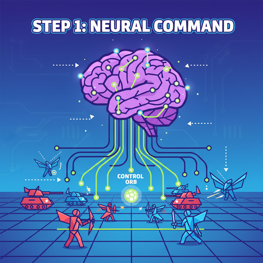 neural network brain controlling game units in battle, wires and nodes pulsing