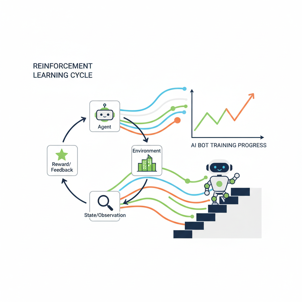 reinforcement learning loop diagram, AI bot training graph ascending, dynamic lines