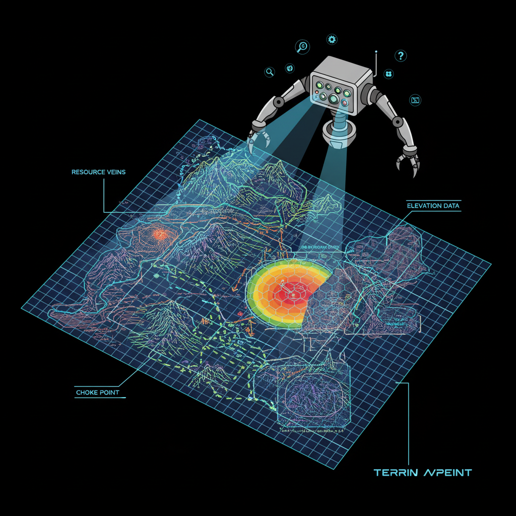 AI bot scouting detailed game map, terrain analysis overlay, sci-fi style