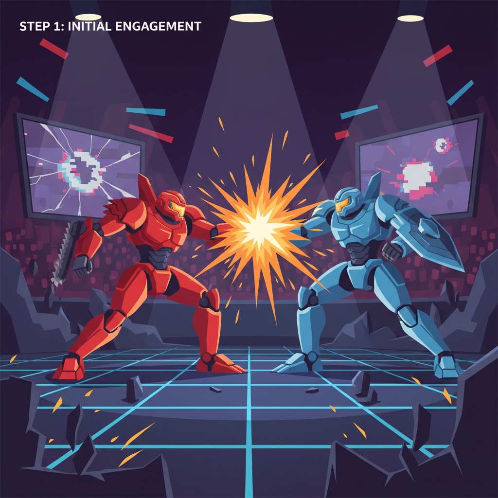 two fierce AI fighter bots clashing in explosive arena battle, dramatic lighting