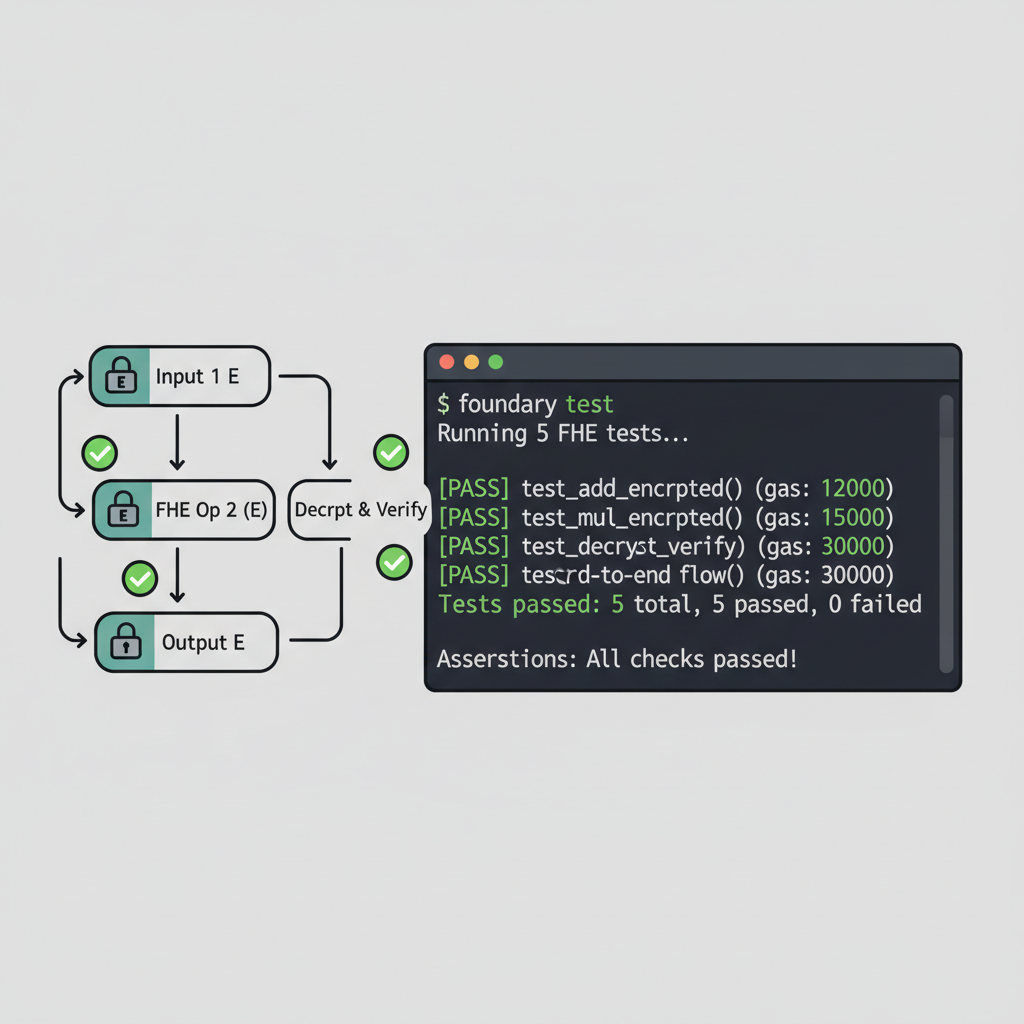Foundry test suite running FHE ops, green pass checks, encrypted data flow diagram, terminal output with assertions