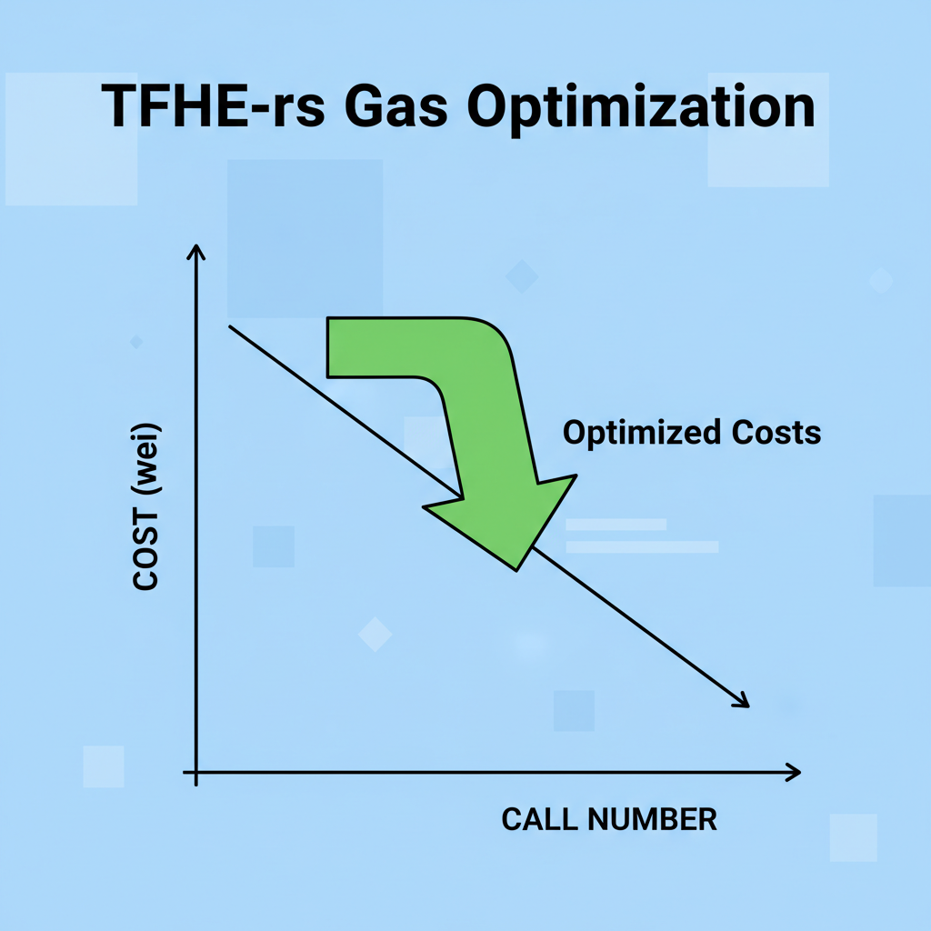Gas optimization graph for TFHE-rs calls, downward arrow on costs, code profiler dashboard, efficient circuit diagram