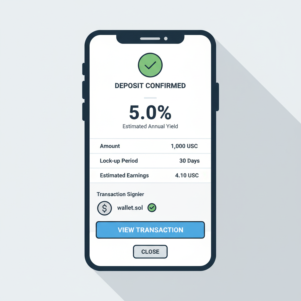 deposit confirmation screen with yield details, transaction signer