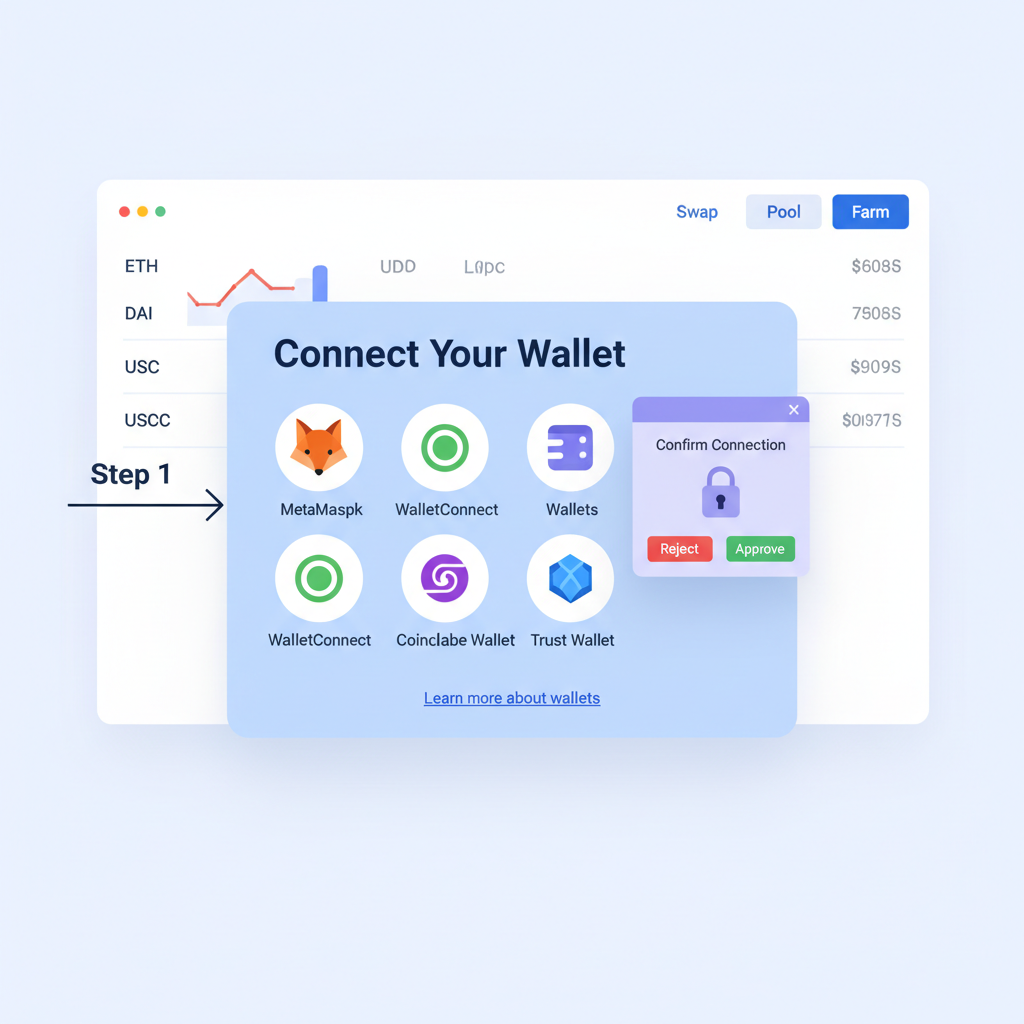 wallet connection modal on DeFi dashboard, MetaMask popup, secure interface