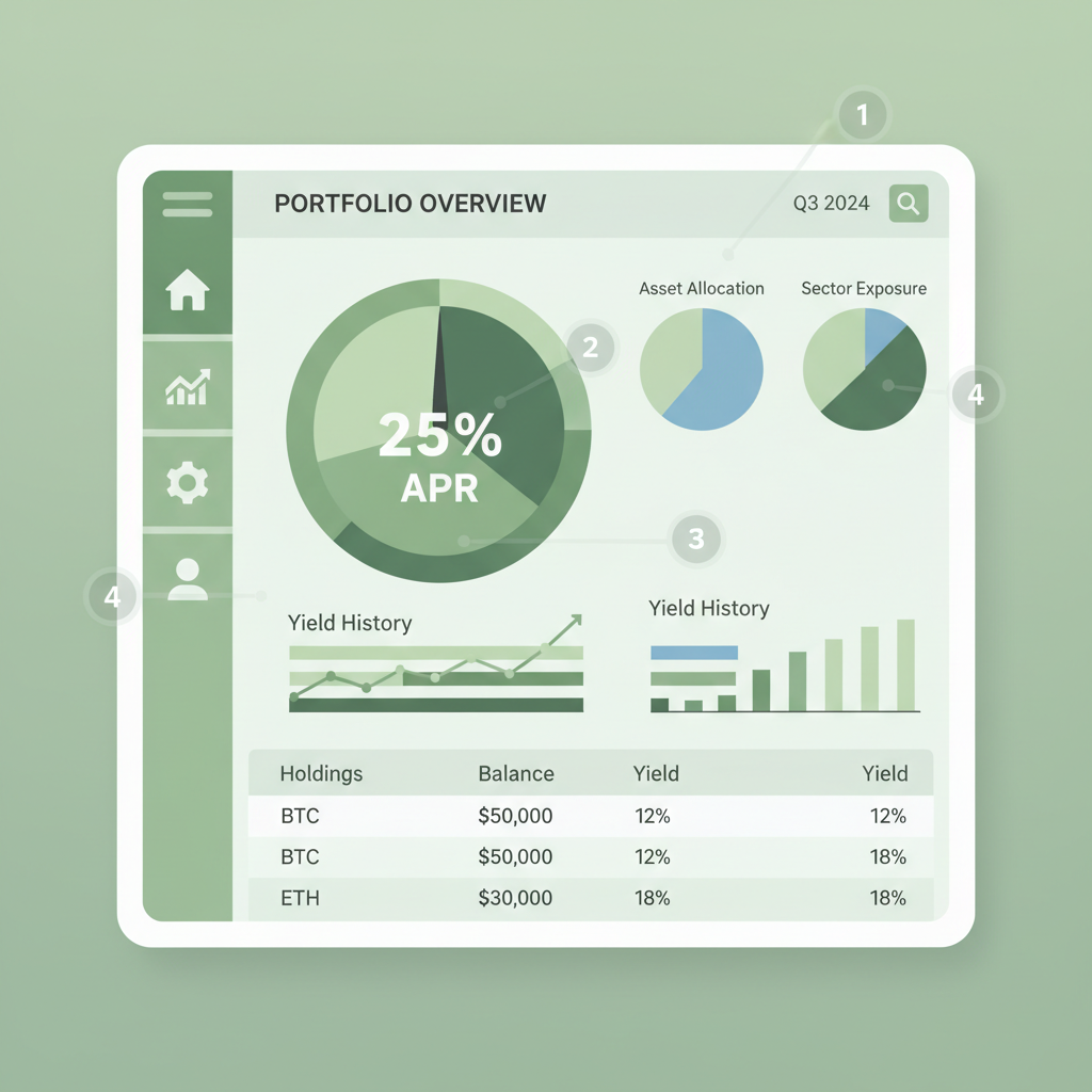 portfolio monitoring dashboard with yield charts, 25% APR gauge, calm green tones