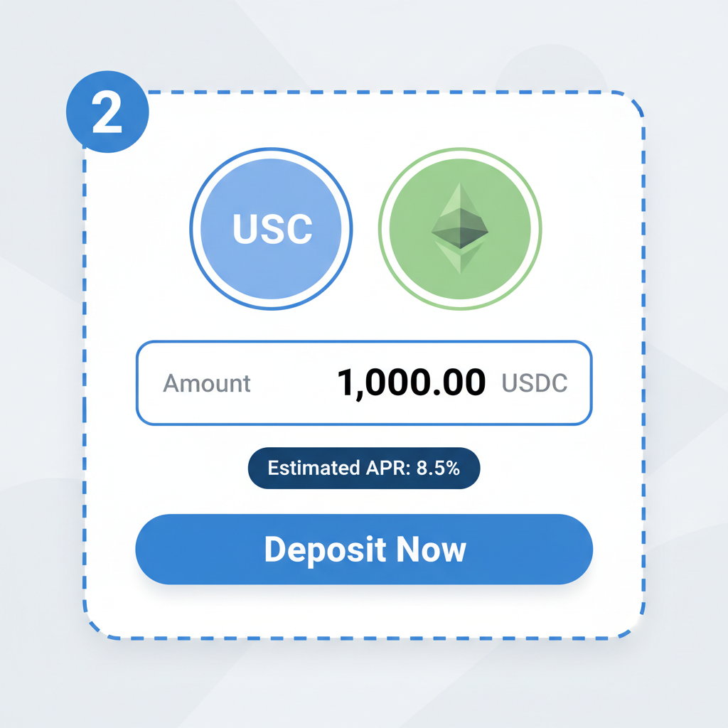 deposit form with USDC/ETH selectors, amount input, APR display