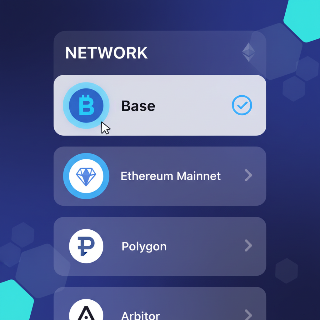 wallet network switcher showing Base chain selection, Ethereum L2 theme
