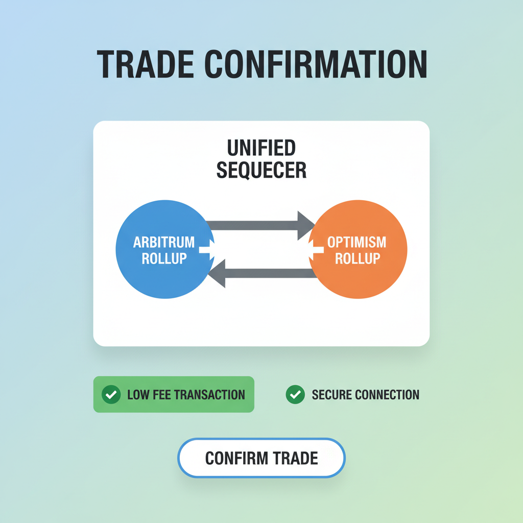 trade confirmation screen showing unified sequencer diagram connecting Arbitrum and Optimism rollups, low fee indicator, secure checkmarks