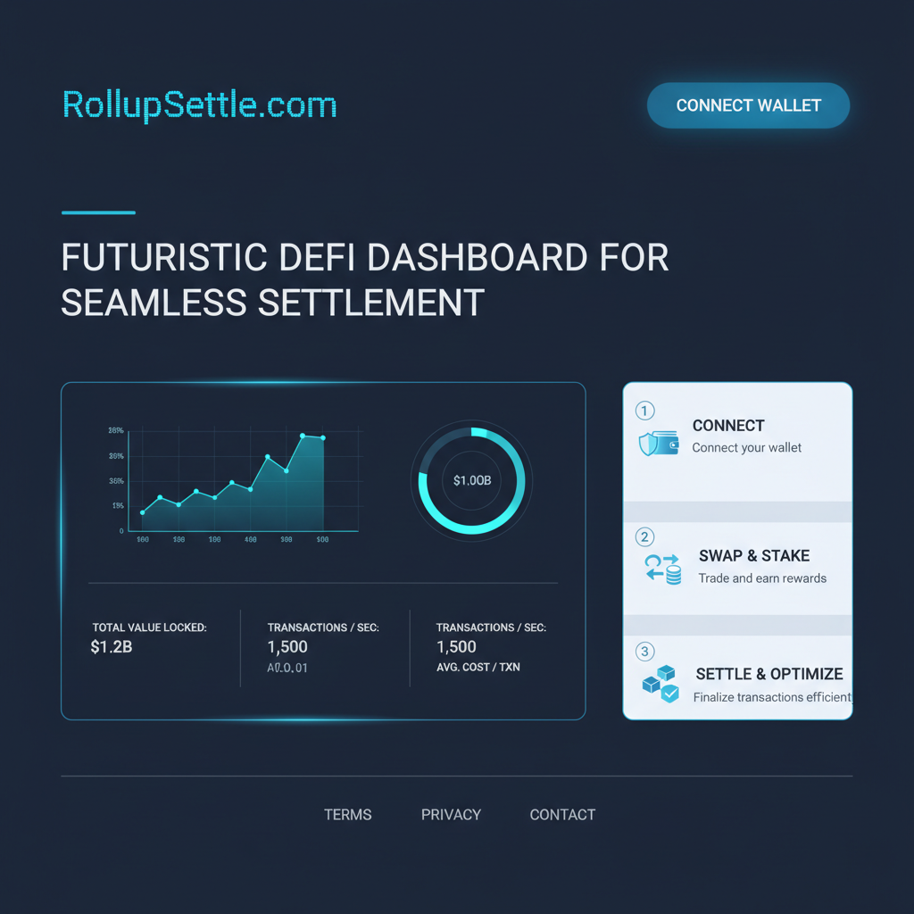 sleek web interface RollupSettle.com homepage with connect wallet button glowing, futuristic DeFi dashboard, professional blue tones