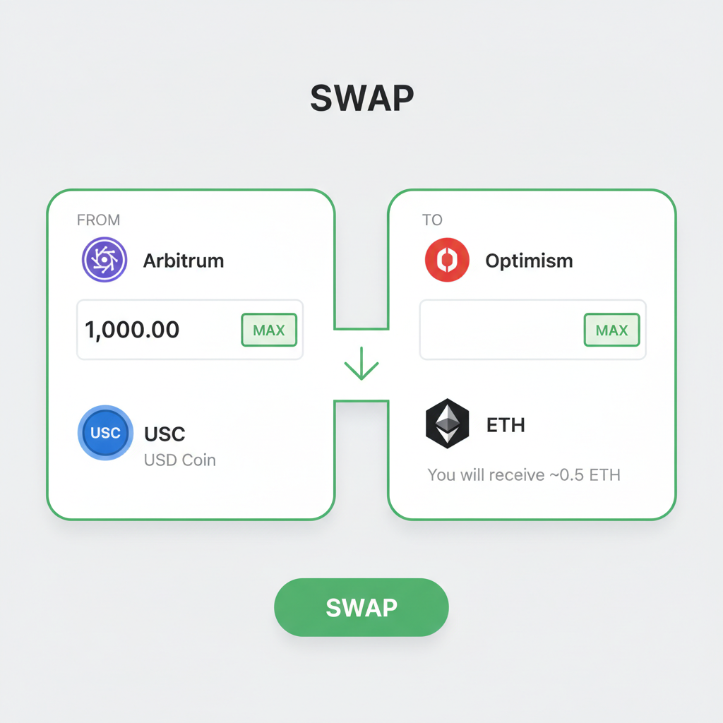 DeFi swap interface selecting USDC on Arbitrum to ETH on Optimism, clean UI with chain logos, input fields for amounts, strategic green accents