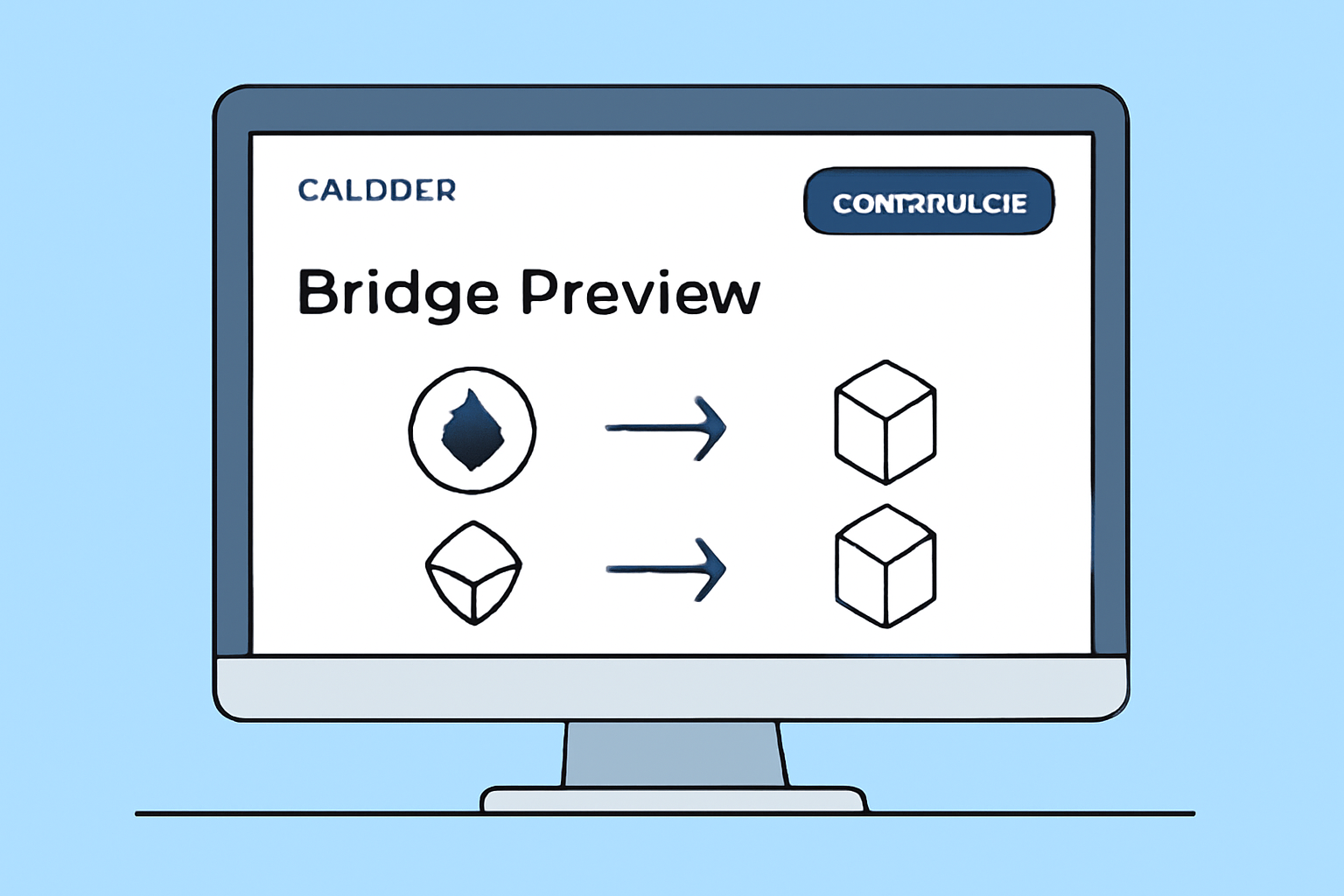 A computer screen displaying the Caldera Bridge Preview website with a clear 'Connect Wallet' button, modern UI, and blockchain icons.