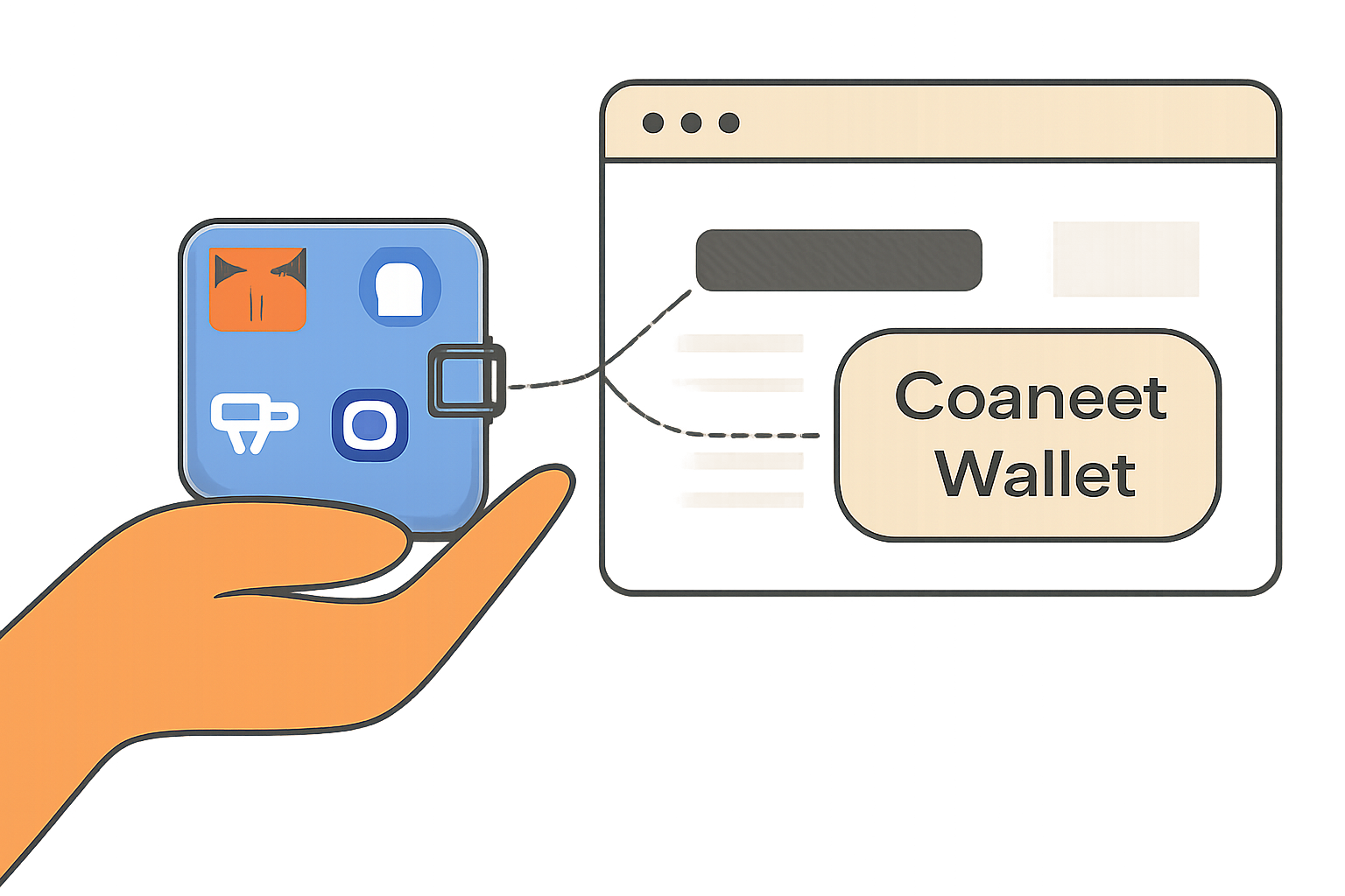A hand holding a digital wallet icon, with MetaMask and other wallet logos, connecting to a website interface.