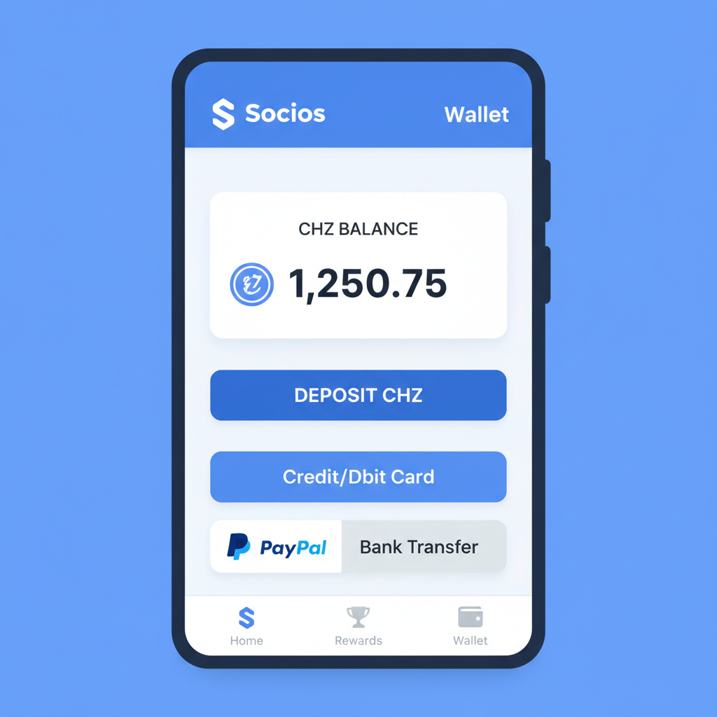 Socios app wallet screen with CHZ deposit options and fiat payment buttons