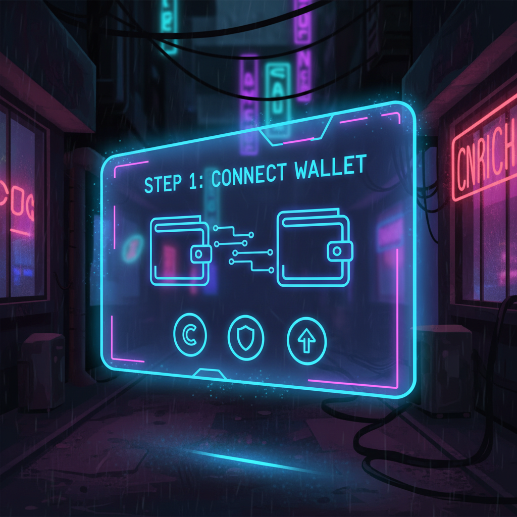 futuristic wallet connection interface on glowing holographic screen, cyberpunk style, neon blues