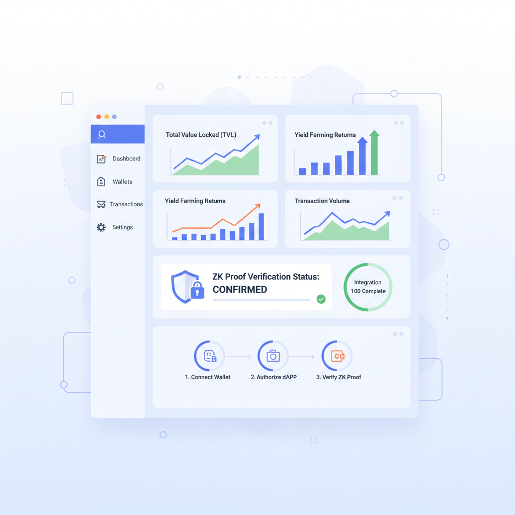 seamless DeFi dApp integration dashboard with ZK proof verification, modern UI charts rising
