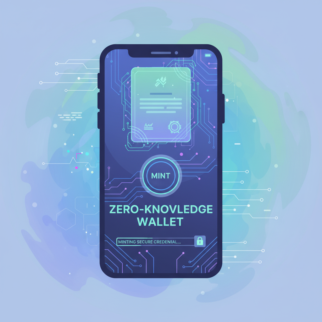 minting digital credential in zero-knowledge wallet app, ethereal glowing certificate, sci-fi aesthetic