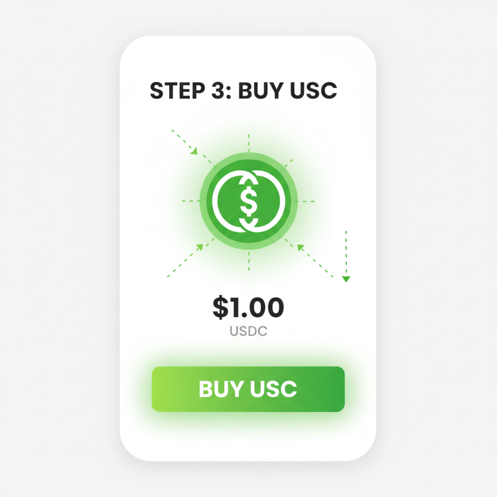 App screen showing USDC buy button at $1.00, stablecoin icon shining, green buy glow