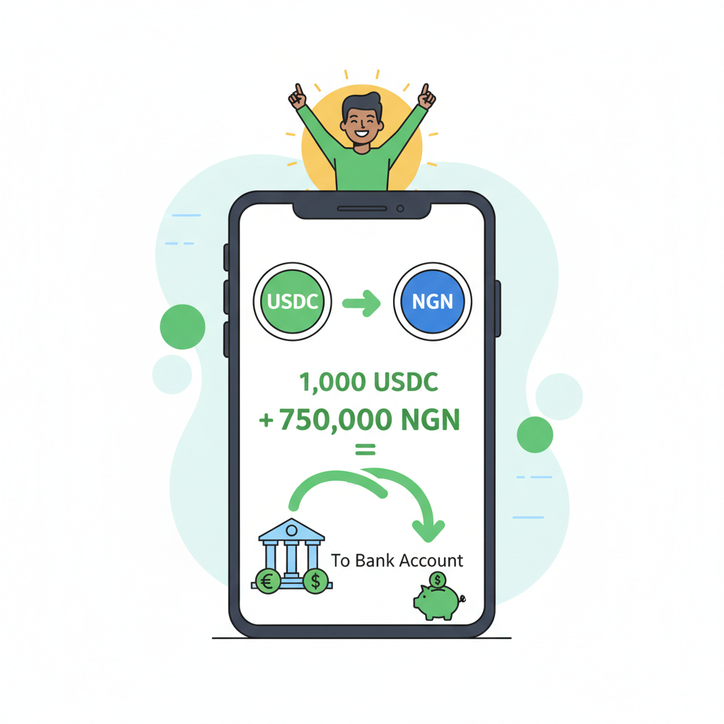 USDC converting back to Naira on phone, smooth flow arrows to bank, triumphant user