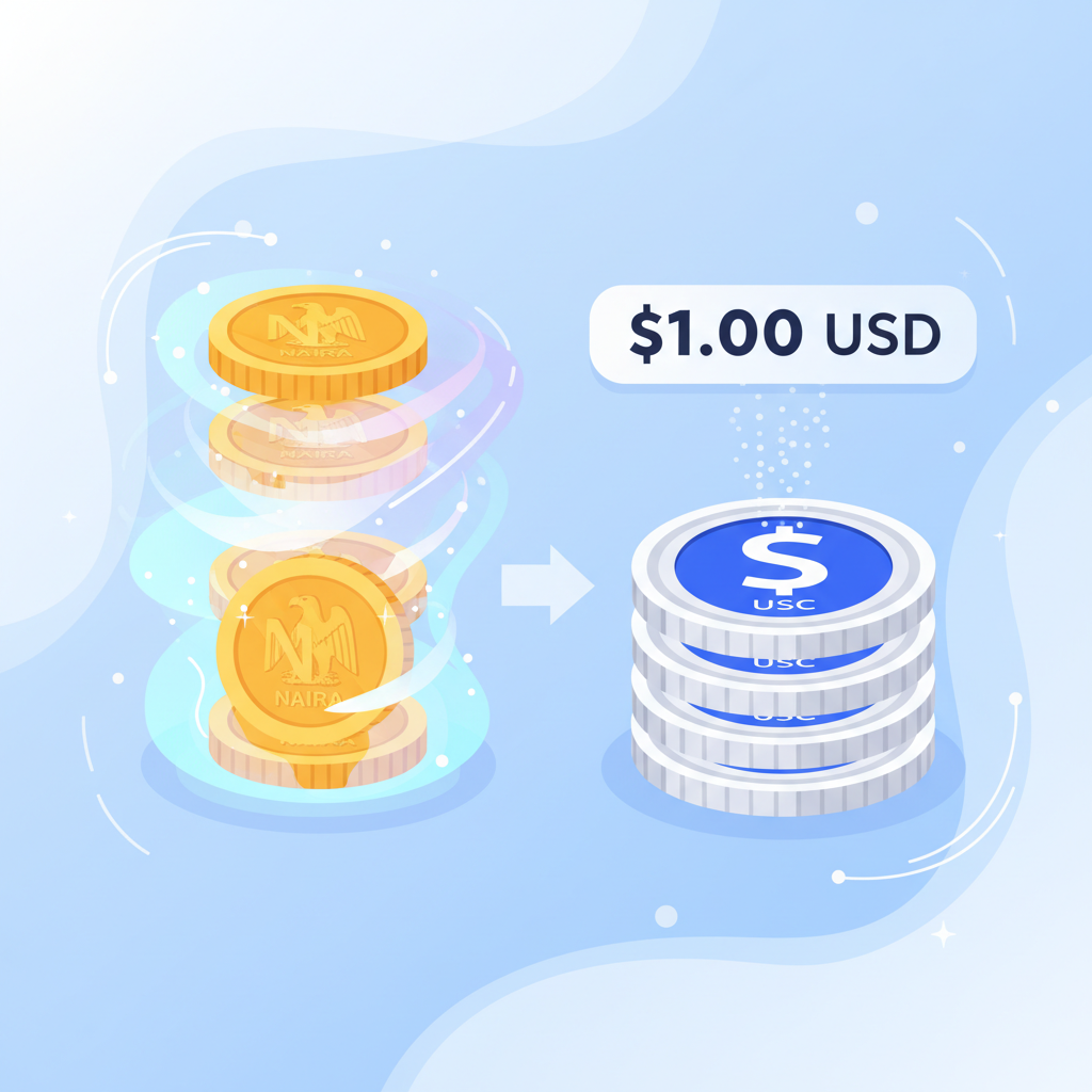 Naira coins transforming into USDC stablecoins, magical conversion glow, $1.00 label