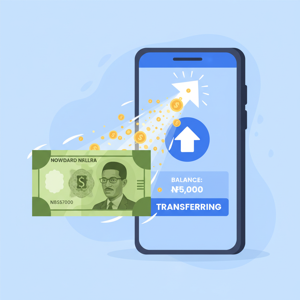 Naira notes transferring to digital wallet on phone, upward arrow, energetic vibe