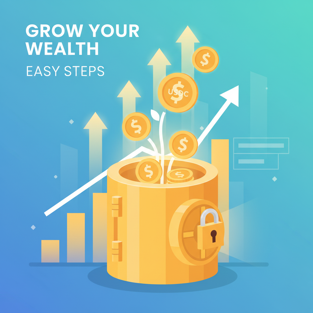 USDC coins growing with upward arrows and yield charts, golden savings vault, motivational glow