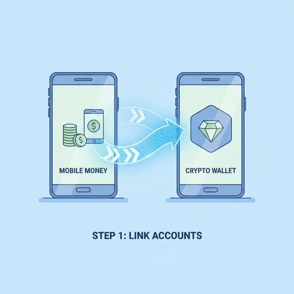 Phone icons linking mobile money to crypto wallet, arrows connecting, dynamic blue glow