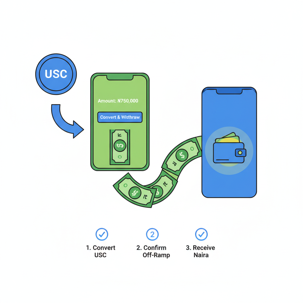 USDC converting back to naira bills flowing to phone wallet, smooth off-ramp process illustration