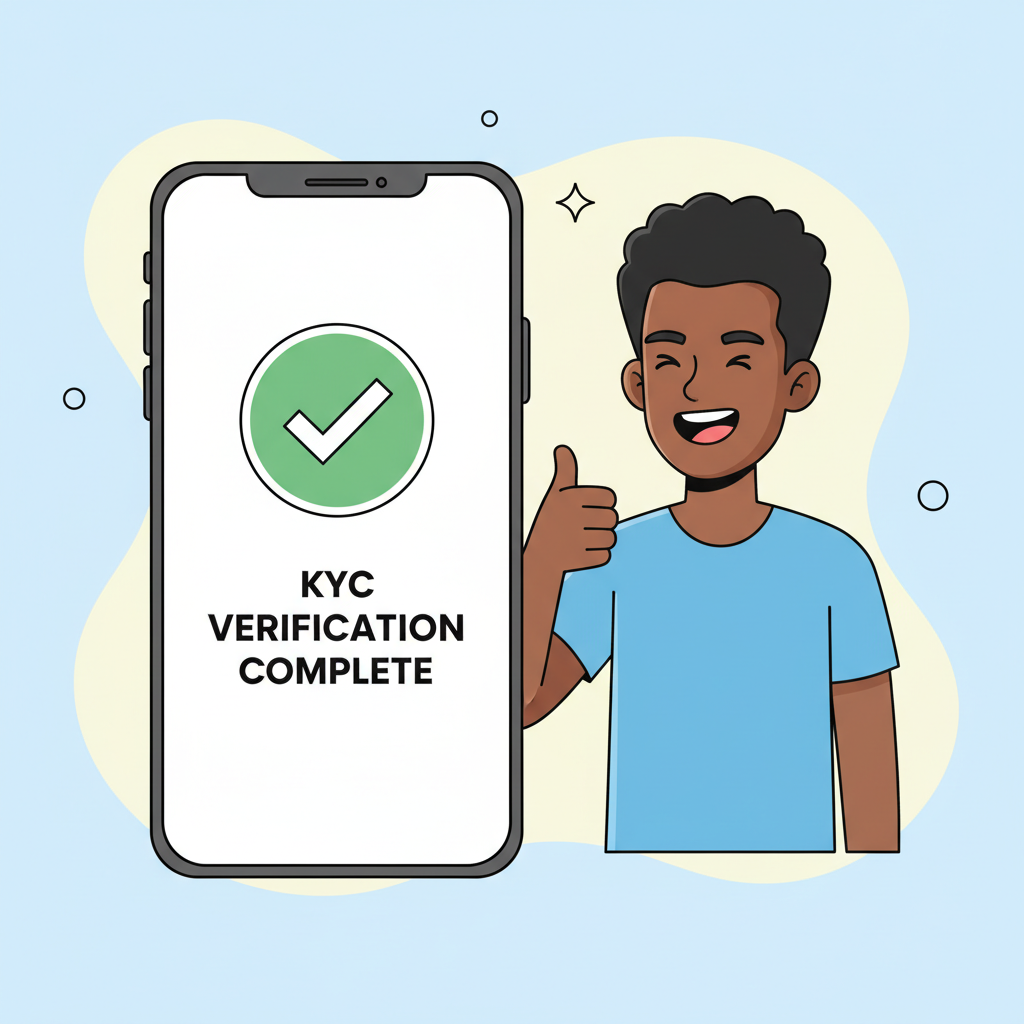 Smartphone screen with KYC verification checkmark, Nigerian user smiling confidently