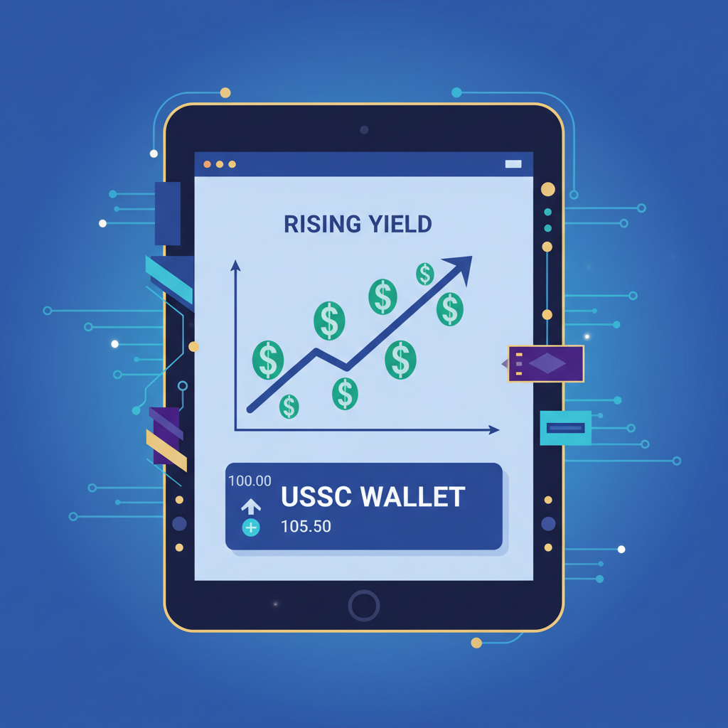 Digital USDC wallet with rising yield graph, dollar signs growing, futuristic Nigerian style