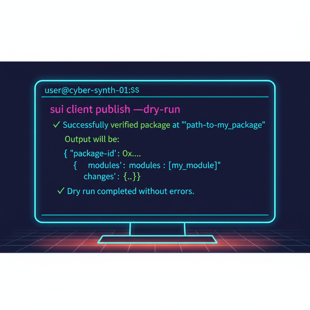 terminal screen with sui client publish --dry-run command and success output, neon cyberpunk style