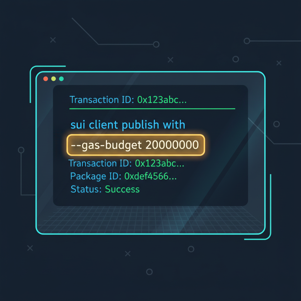 command line input sui client publish with --gas-budget 20000000 highlighted, futuristic UI glow
