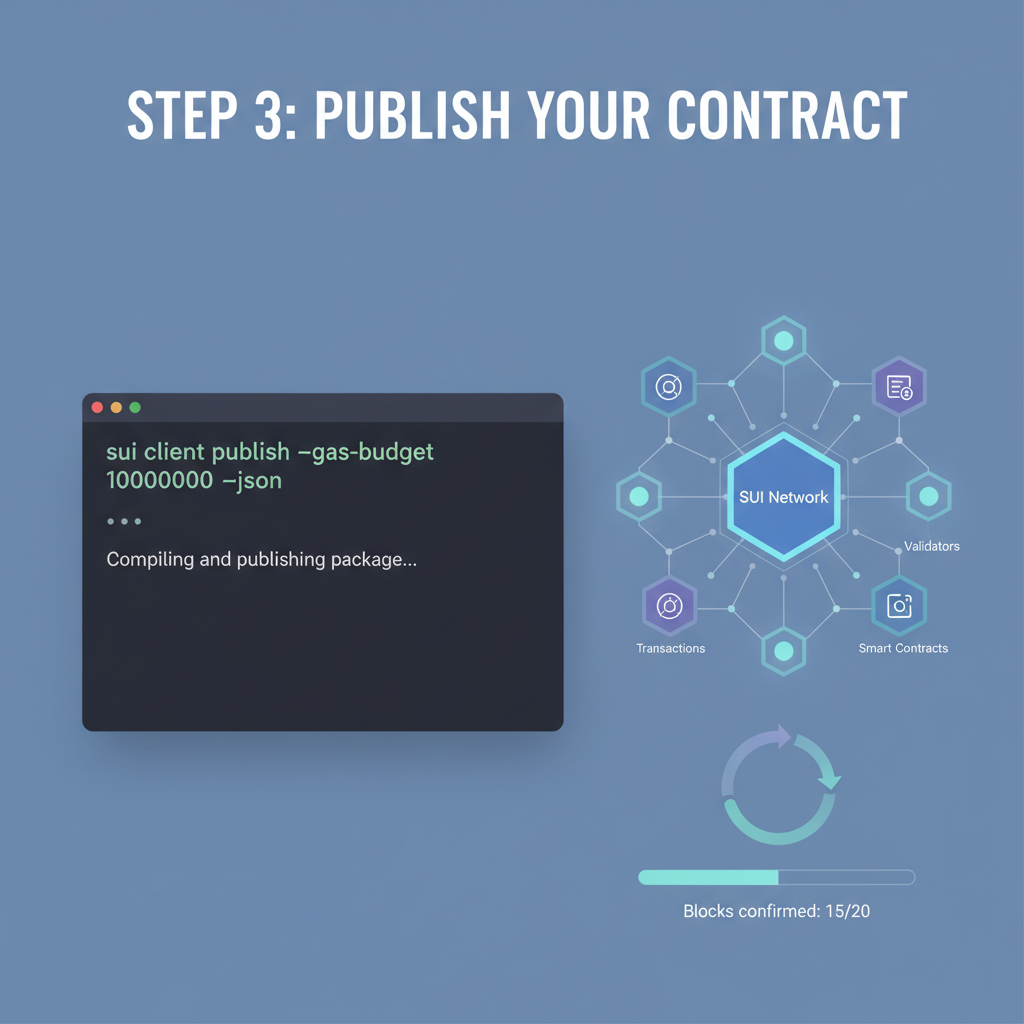 terminal executing sui client publish command with loading animation, blockchain network visualization