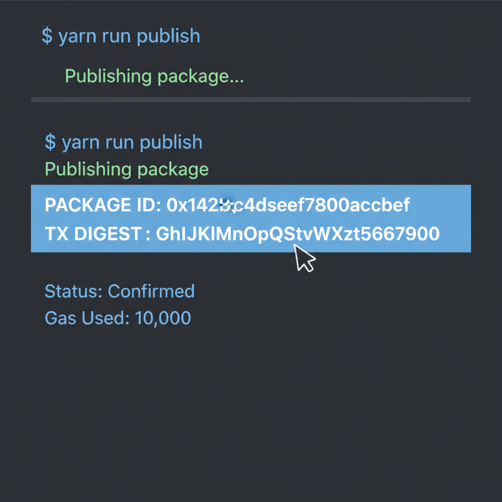 terminal output highlighting package ID and tx digest, bold text emphasis, dark mode
