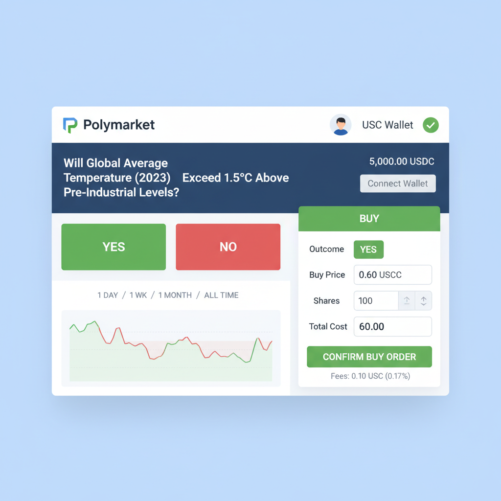 Polymarket trading interface with buy order on weather derivative market, blockchain UI, USDC wallet connected