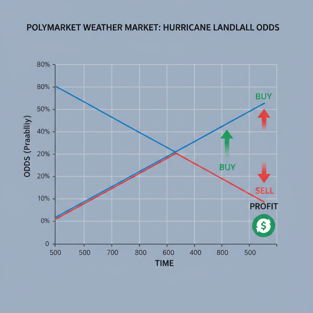 graph of odds convergence with buy/sell arrows on Polymarket weather market chart, profit indicator