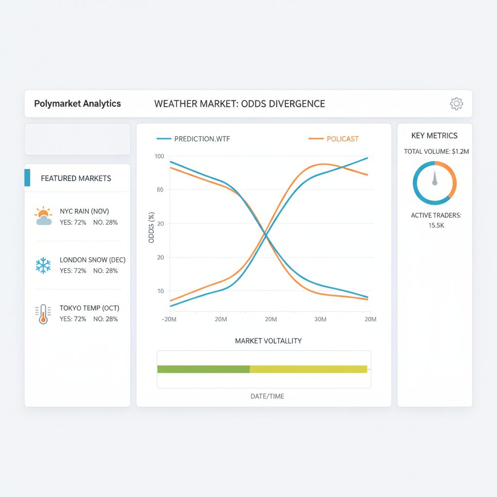 dashboard screen showing Polymarket weather market odds divergence graph, data-driven UI, precise charts
