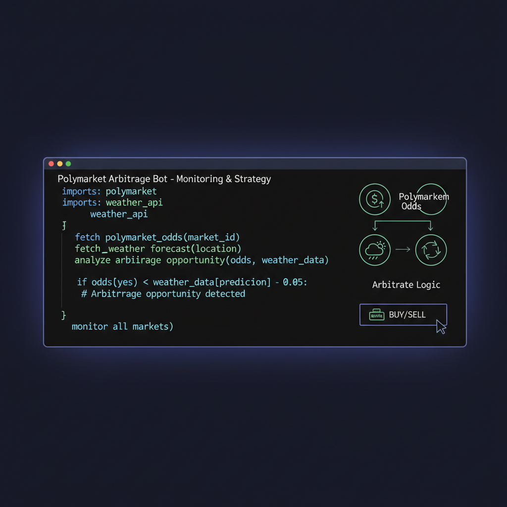 code snippet on screen for arbitrage bot monitoring Polymarket odds and weather models, dark mode terminal